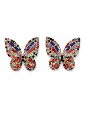 Multicolor Rhinestone Butterfly Earrings – Gold Tone Statement Studs